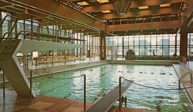 The indoor pool at Grossinger's, which opened in 1958. Elizabeth Taylor attended the pool's opening, and Florence Chadwick - the first woman to swim the English Channel in both directions - took the first dip in it. From Ross Padluck's excellent "Lost Architecture of Paradise": "...The new indoor pool at Grossinger's was the zenith of the Catskills. Nothing quite like it had ever been built, and nothing ever would be again. It represented everything about the Catskills in the 1950s-style: extravagance, luxury, modernism and celebrity." (Photograph by Pablo Iglesias Maurer, postcard published by Bill Bard Associates.)