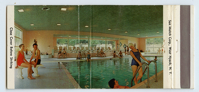 On the inside of the matchbook, some text: "Swim n' Sun Indoor Swimming Pool at Penn Hills Lodge and Cottages. The Poconos' Finest Modern Resort." (Photograph by Pablo Iglesias Maurer, matchbook publisher unknown.)