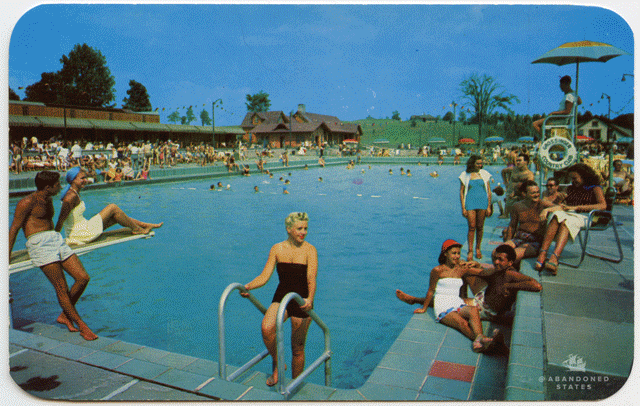 Grossinger's outdoor pool, olympic sized, built in 1949 at a cost of $400,000 (about $5 million in today's market.) Long gone are the private cabanas, changing room and lounges that used to surround it. (Photograph by Pablo Iglesias Maurer, postcard published by Bill Bard Associates)