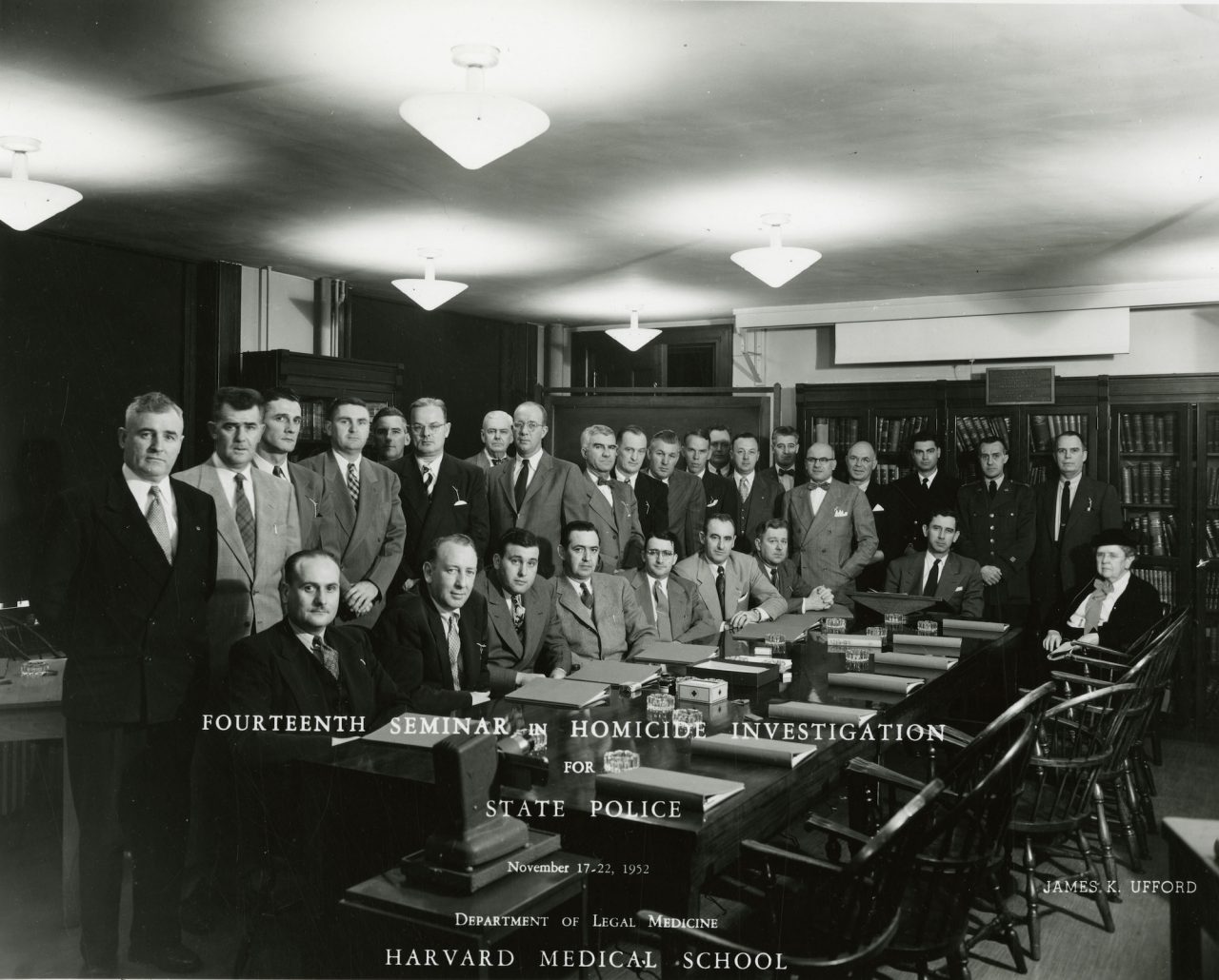 Photograph of the Fourteenth Seminar in Homicide Investigation for State Police, November 17-22, 1952, Department of Legal Medicine, Harvard Medical School. Image courtesy Harvard Medical Library in the Francis A. Countway Library of Medicine