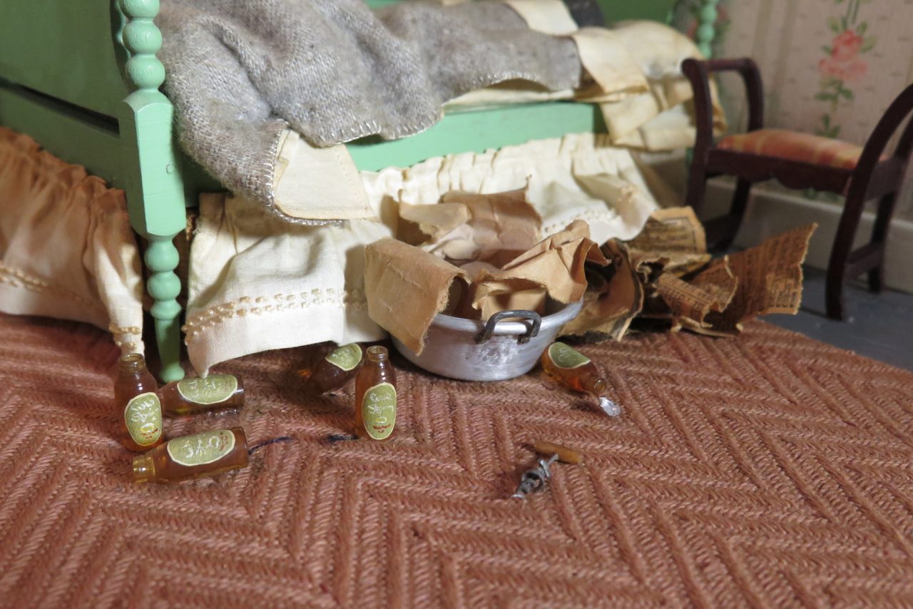 Frances Glessner Lee, Striped Bedroom (detail), about 1943-48. Collection of the Harvard Medical School, Harvard University, Cambridge, MA, courtesy of the Office of the Chief Medical Examiner, Baltimore, MD