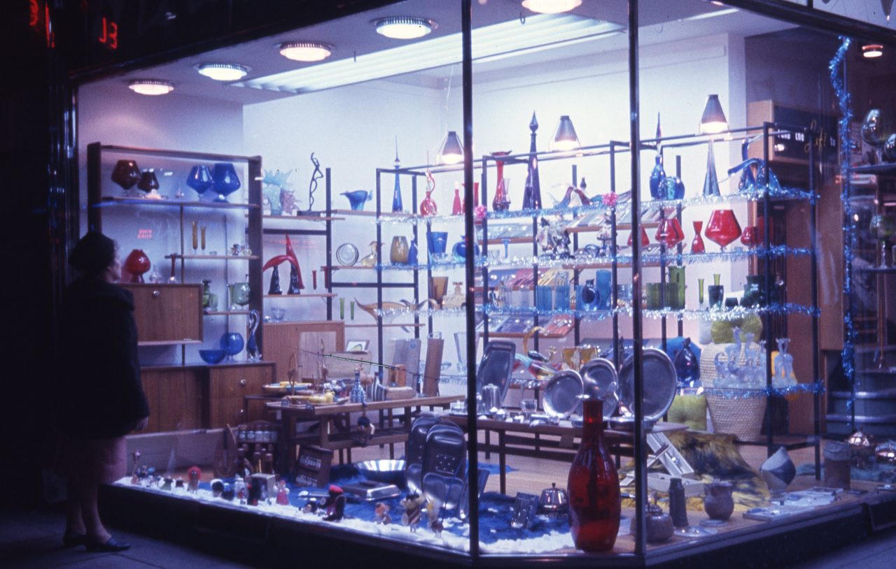 This is the Broadlooms Christmas display window. This is a 35mm slide. It was taken in 1963.