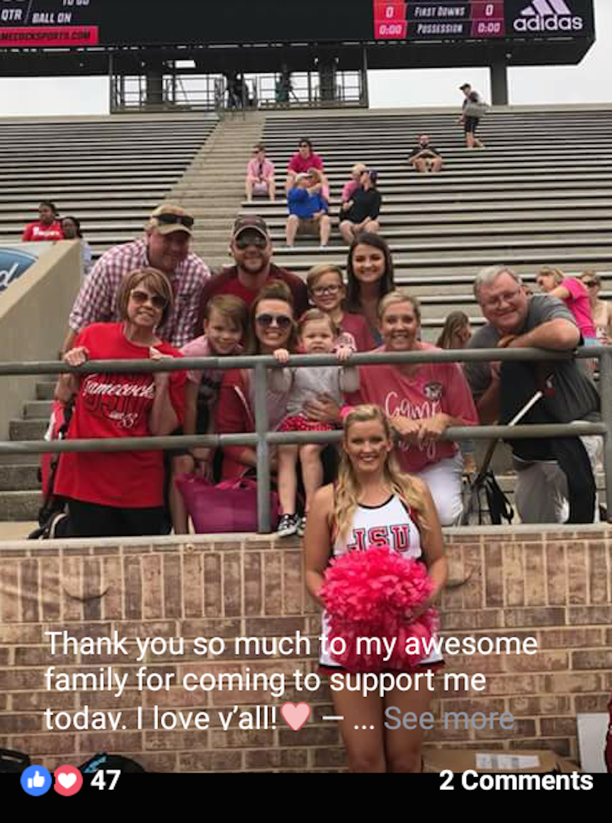 Me, wife, kids, and grandkids at Jacksonville State University football game. My middle granddaughter Hilary is cheerleader there