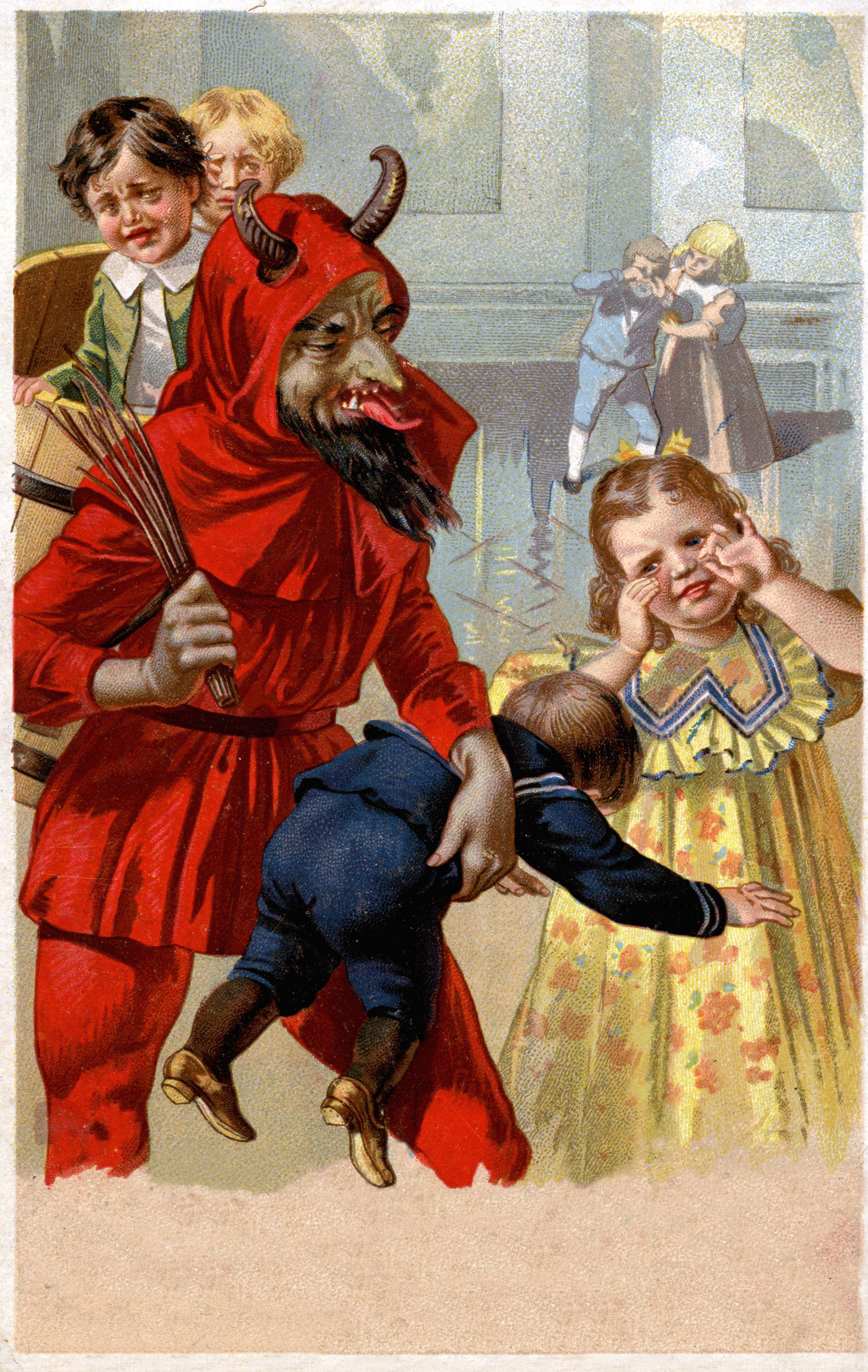 Saint Nicholas's Day. The Krampus (incubus in company of Saint Nicholas). Illustration, Hungary, vers 1920.