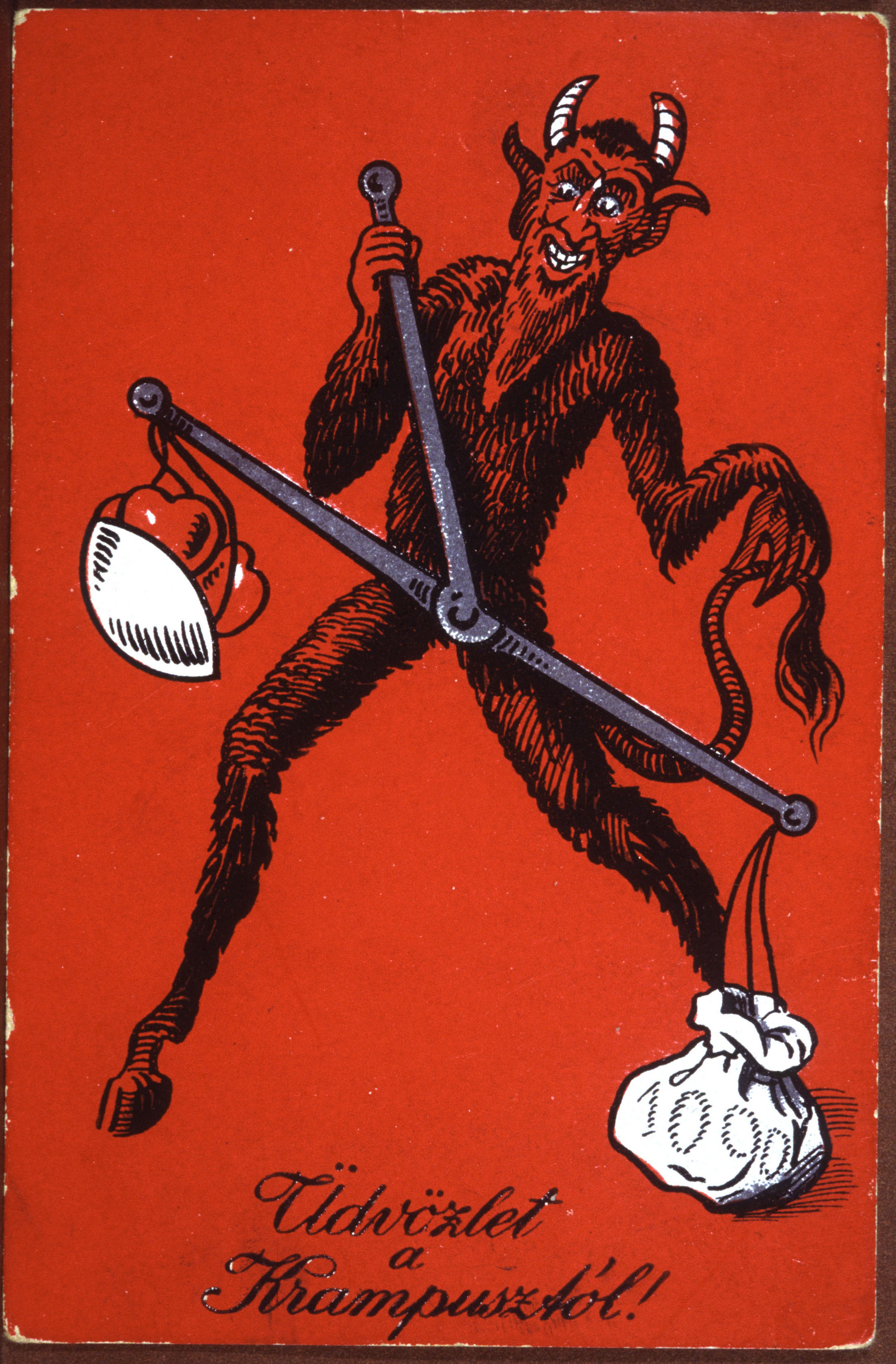 Krampus (Père Fouettard, Knecht Ruprecht, devil, traditionally evil companion of Santa Claus) weighing hearts, postcard, Hungary, early 20th century