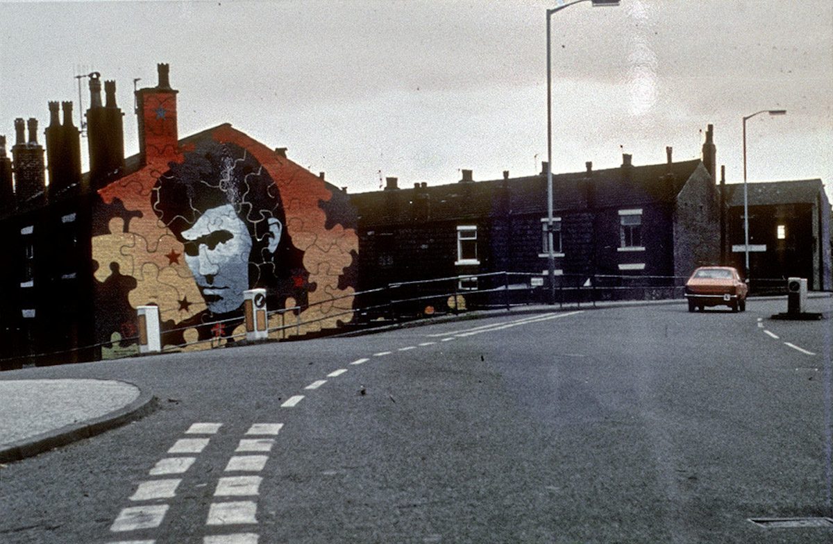 Mural depicting Alvin Stardust on the gable-end of terraced houses in Heywood. Painted by Walter Kershaw in the early 1970s.