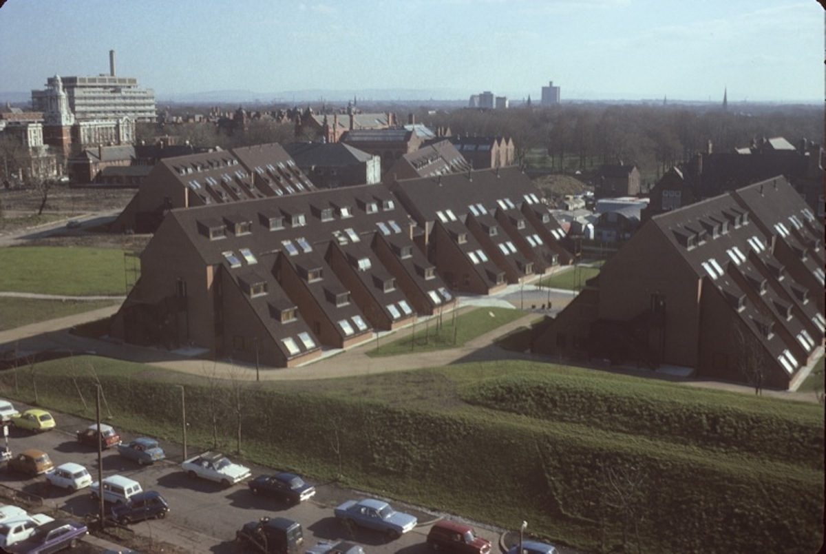 The University of Manchester's Whitworth Park student residences in 1976. Designed by Building Design Partnership and built 1973-74.