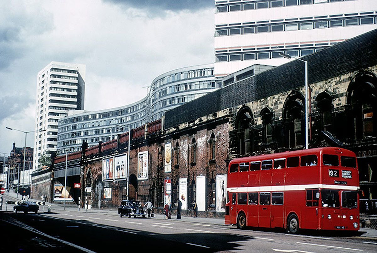  View along London Road looking towards Piccadilly in 1975. Rising above London Road is Piccadilly Station Approach, with the British Rail office block (right), Gateway House (centre) and Rodwell Tower (left) in the upper half of the picture.