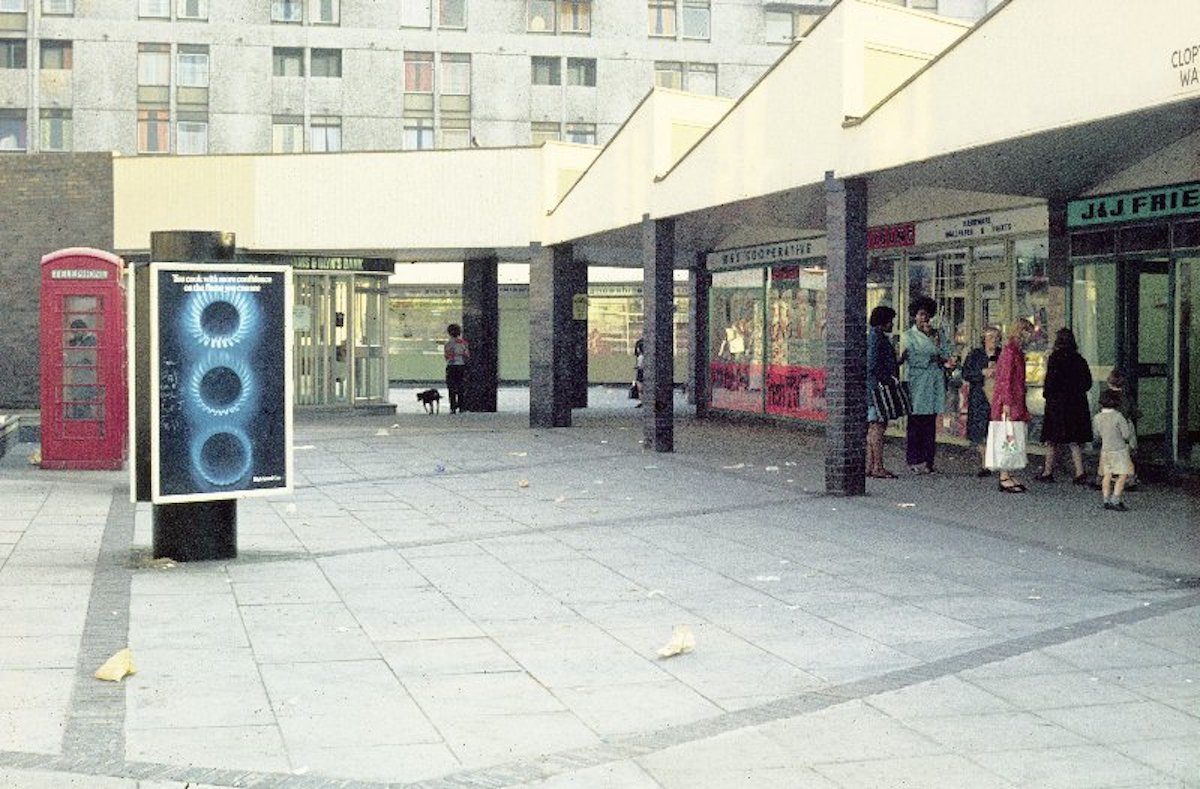 View of Clopton Walk shopping precinct, with John Nash Crescent beyond