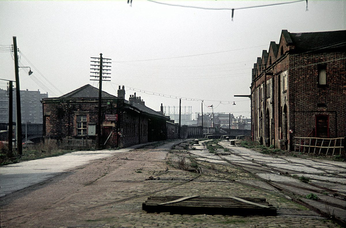View of the Liverpool Road railway station site in Manchester, showing the original 1830 station building (left) and warehouse (right)
