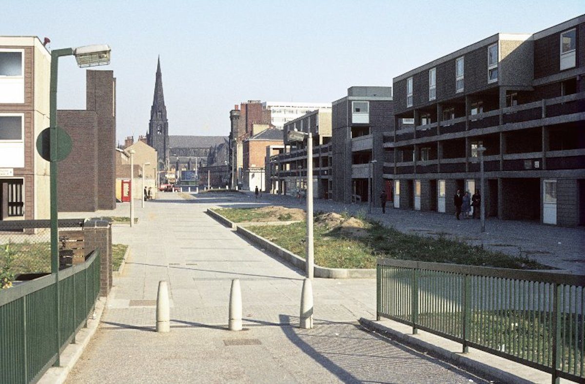  View along Hulme Walk towards All Saints, from the end of the footbridge crossing Princess Road.