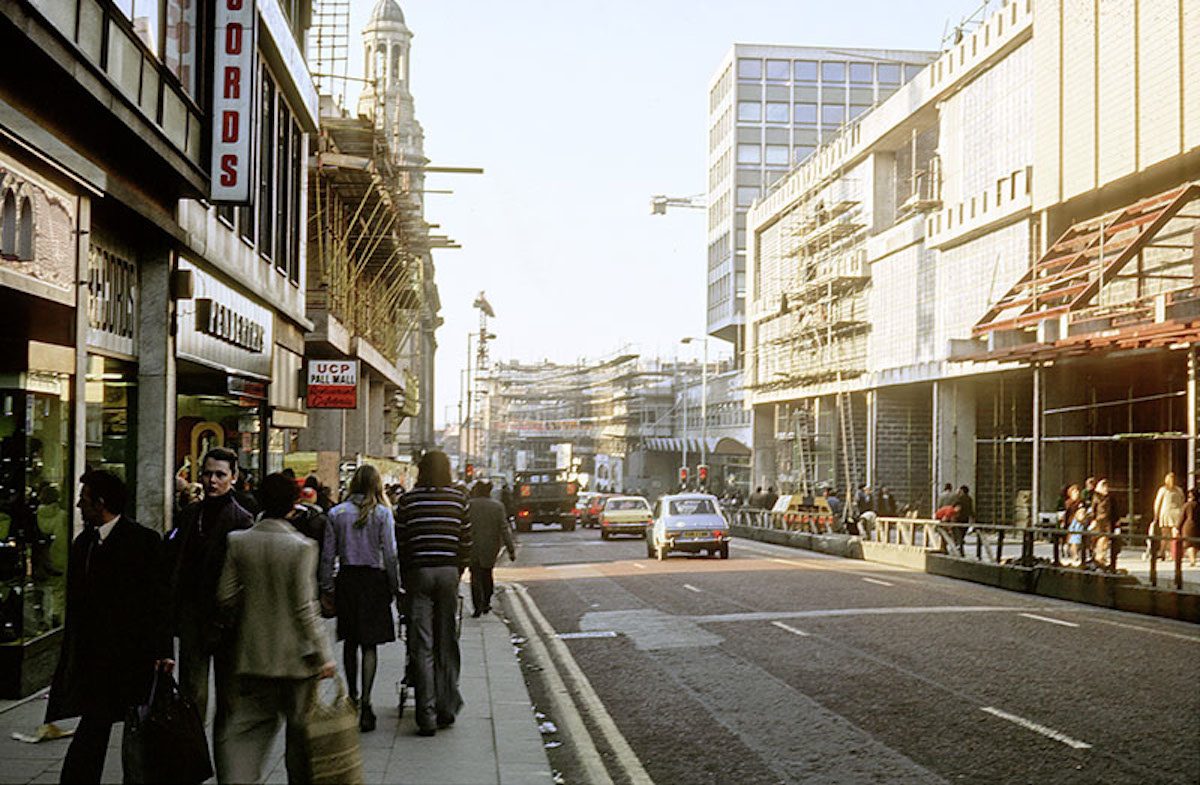 View along Market Street towards St Mary's Gate and Deansgate in 1975, during construction of the Arndale Centre (right).