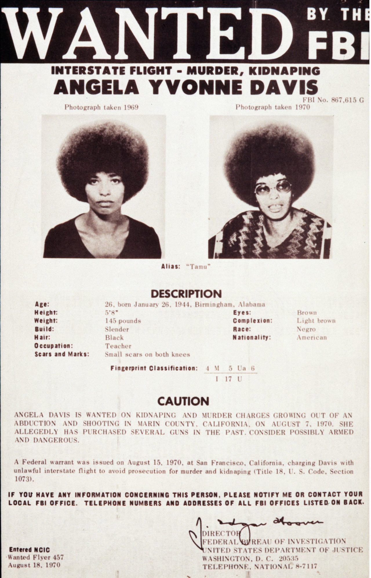 Above: Reprints of the FBI’s “Wanted” poster of Angela Davis graced the walls of many college dorm rooms in the fall of 1970 when Davis was on the run. Top: Three versions of Félix Beltrán’s most famous image of Angela Davis, first printed in Cuba in 1971.