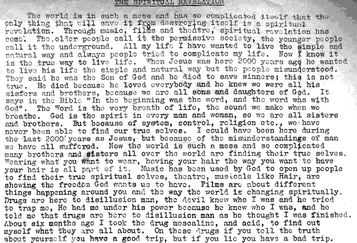 A section of “The Spiritual Revelation”, Jellett’s “manifesto” (Source- Mick Davis, UK Rock Festivals)