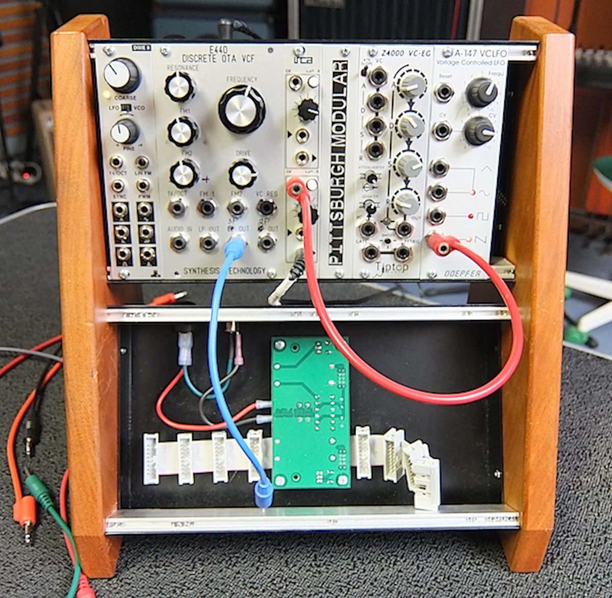 Hill used this smaller Eurorack setup to demonstrate how to build a sound on a synthesizer.