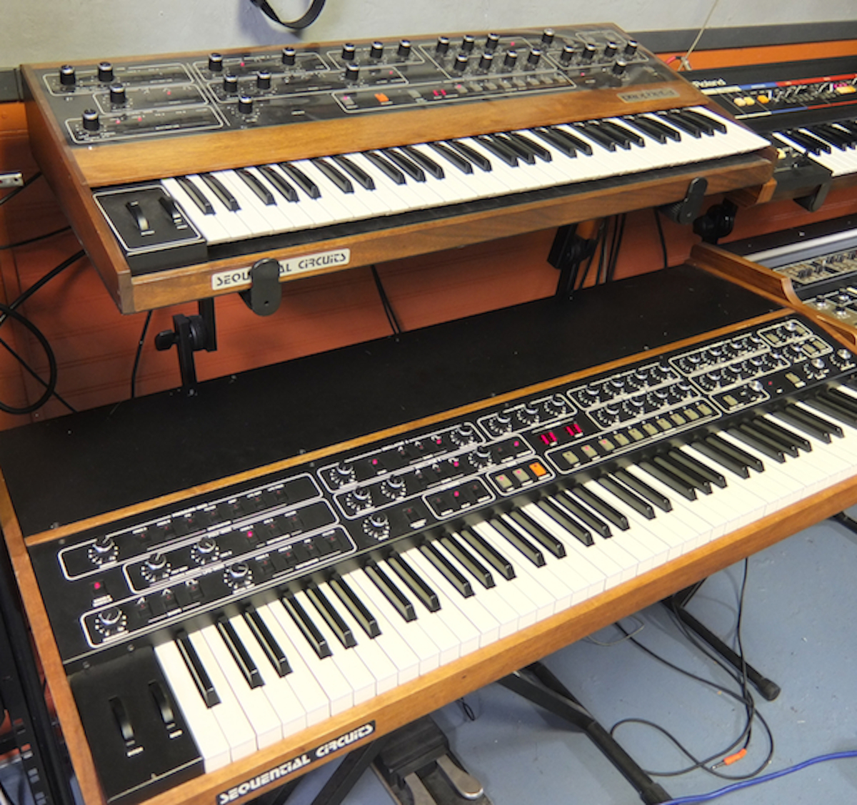 A Prophet-5 (top) and T8 at Lance Hill’s Vintage Synthesizer Museum.