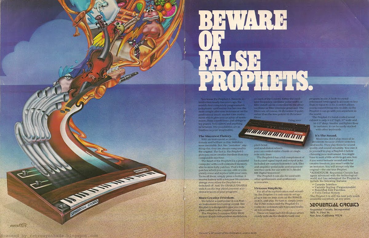 When the Prophet-5 was released in 1978, it was the only polyphonic synthesizer on the market, but by 1980, the marketing department at Sequential felt the need to run this ad. Courtesy Retro Synth Ads.