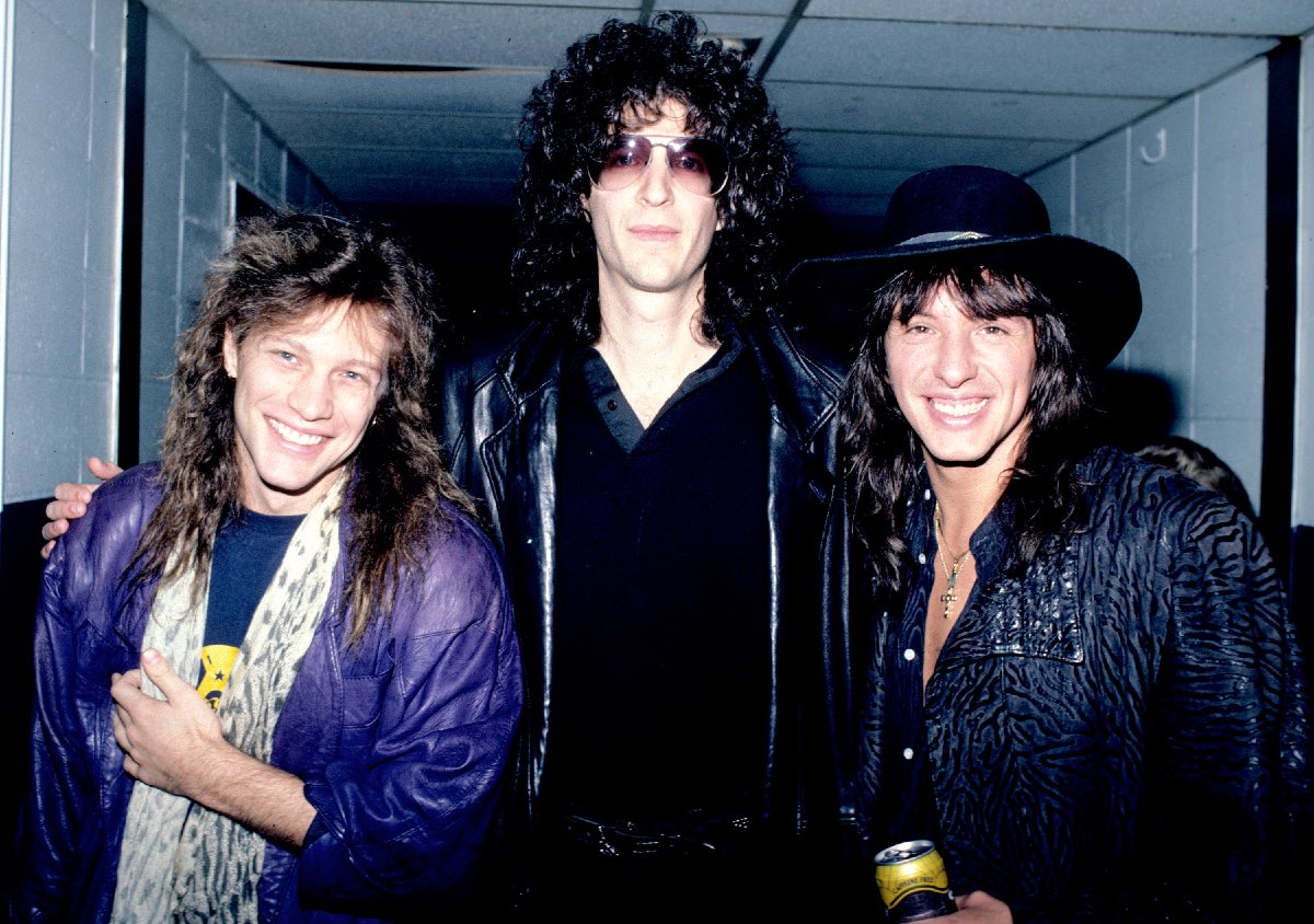 Jon Bon Jovi (L) and Richie Sambora (R) with Howard Stern backstage at Nassau Coliseum in Long Island, New York, April 7, 1987