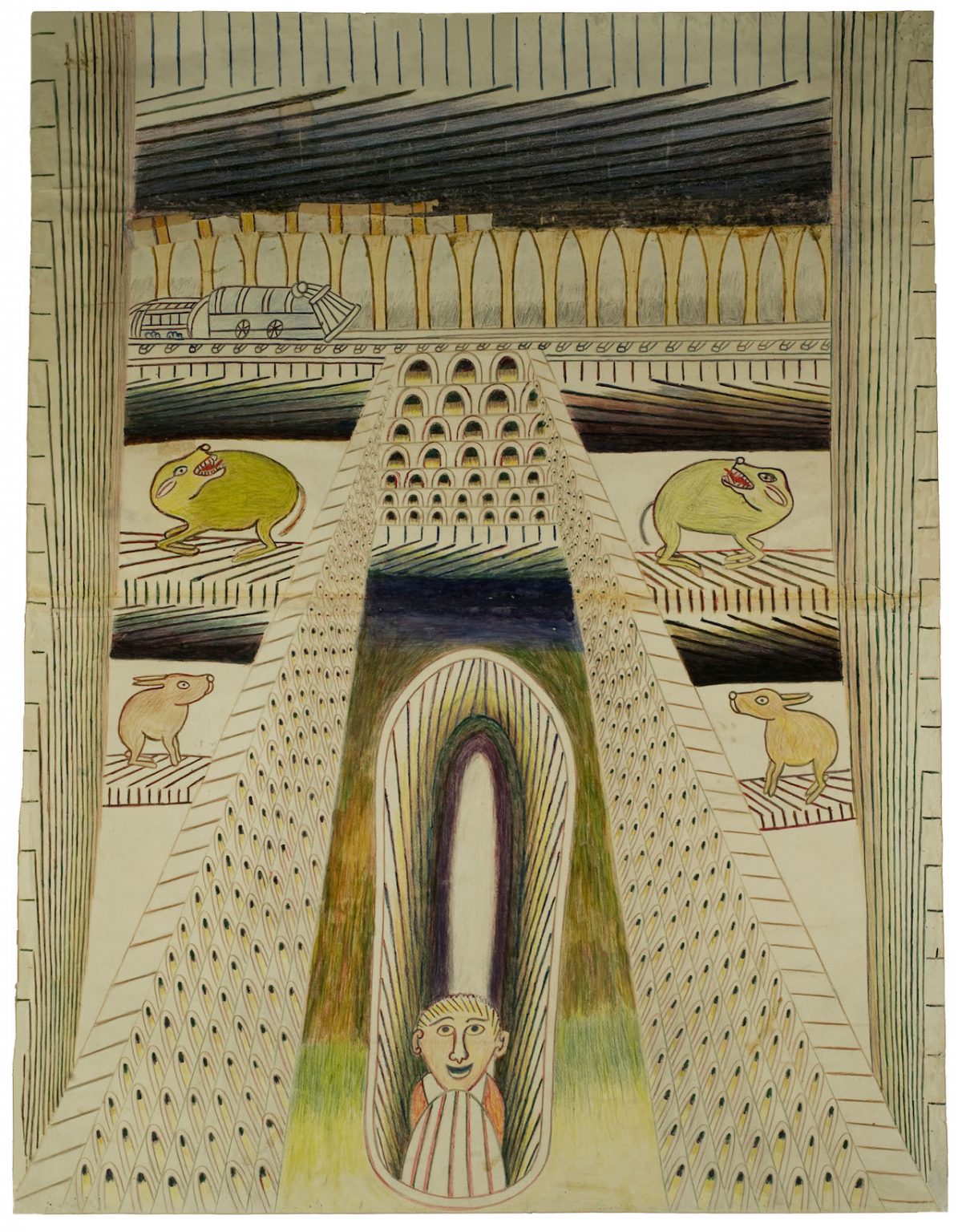 Martín Ramírez, “Untitled (Courtyard with Man and Animals)” (c. 1950-55), graphite, tempera and crayon on paper, 47 1/2 x 36 in
