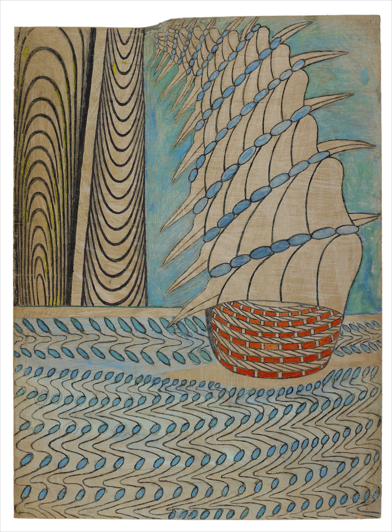 Martin Ramirez, “Untitled (Galleon on Water)” (c. 1960–63), gouache, colored pencil, and graphite on pieced paper, 33 x 24 in