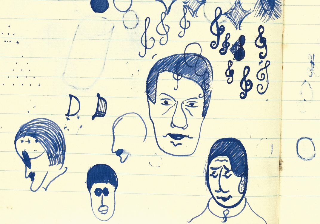Beckett Cancelled the opening sentence to Murphy and doodles, including (bottom left) James Joyce in profile