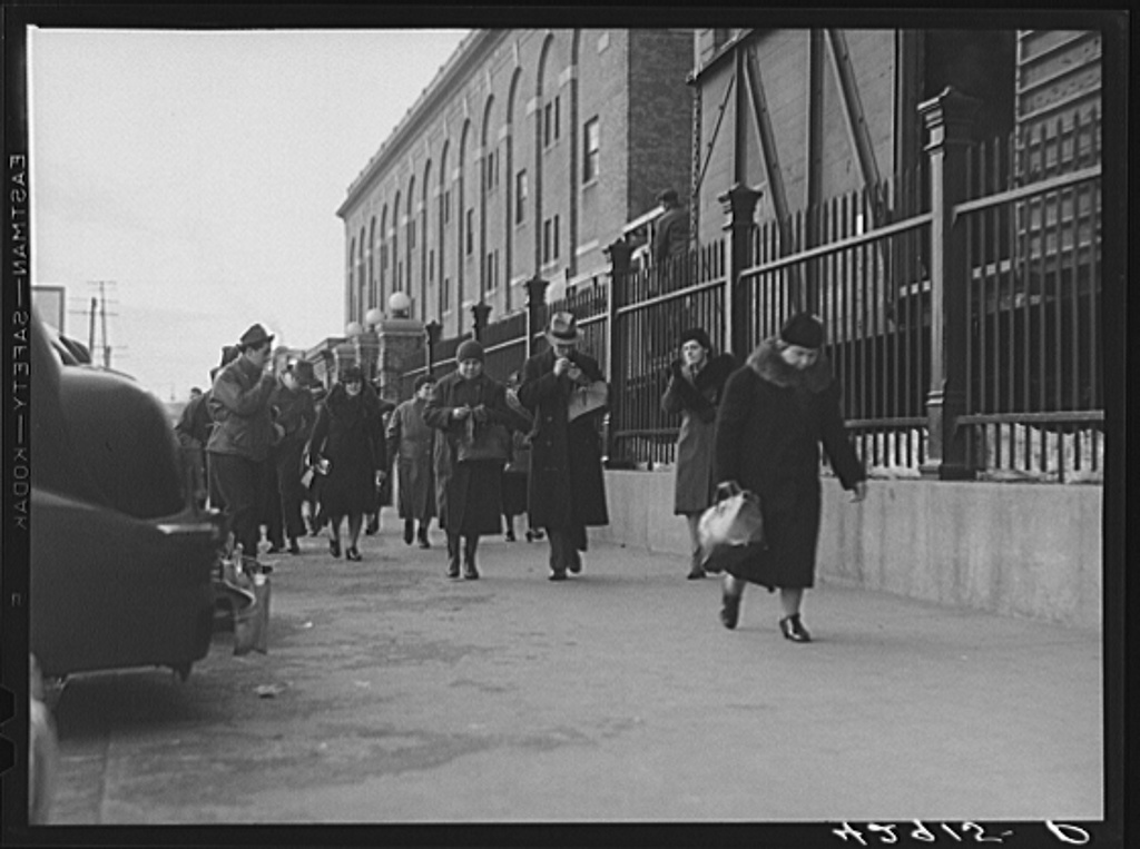 Employees leaving Ayer Mills (textile). Lawrence, Massachusetts Jan 1941