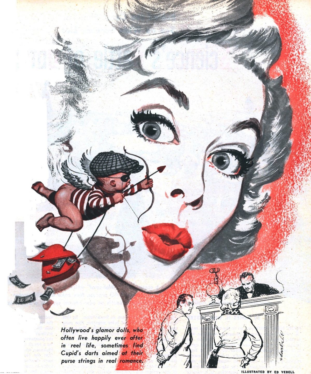 Sunday Mirror Magazine feature, “It’s The Woman Who Pays – A Grim Reality In Hollywood.” Dec. 26, 1954. Illustration by Ed Vebell.