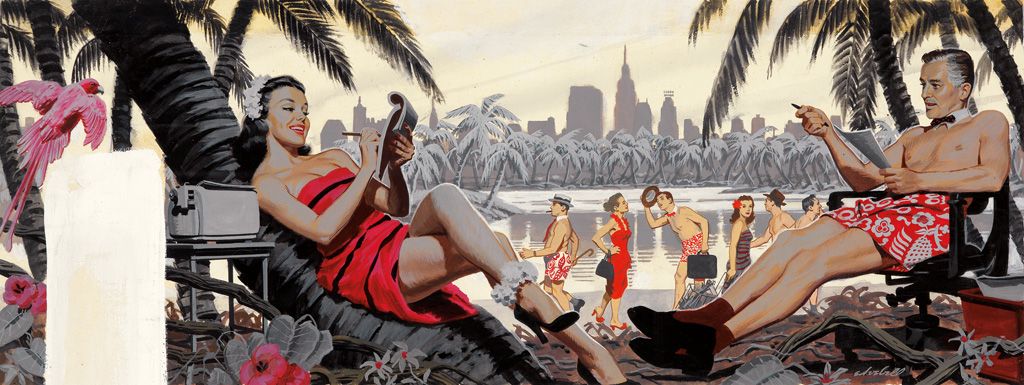 Ed Vebell, Illustration for a story about climate change featuring a boss and his dictation-taking assistant in their "office," a future tropical Central Park, published in Sunday Mirror Magazine, November 15, 1953.