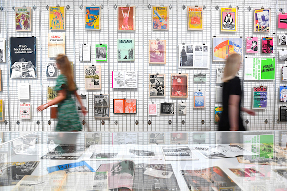 Each room has wall grids divided into subjects – this, the main wall in room 1, presents magazines expressing dissent and protest. Photo: Doug Peters