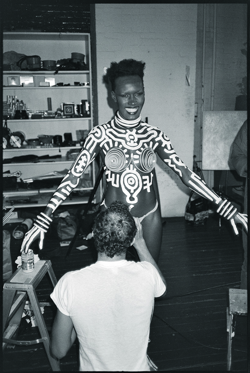 Andy Warhol (U.S.A., 1928–1987), Negative [Grace Jones being painted by Keith Haring for Robert Mapplethorpe's Interview Magazine photo shoot], 1984, Black-and-white negatives. Cantor Arts Center collection, Gift of The Andy Warhol Foundation for the Visual Arts, 2014.41.1461_34. © The Andy Warhol Foundation for the Visual Arts, Inc.