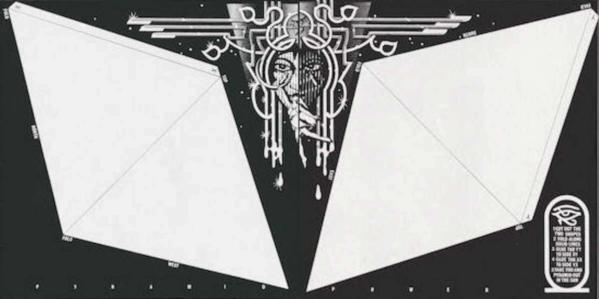 Self-assembly silver pyramid insert, Glastonbury Fayre – The Electric Score, Revelation Enterprises, 1972. Design: Barney Bubbles