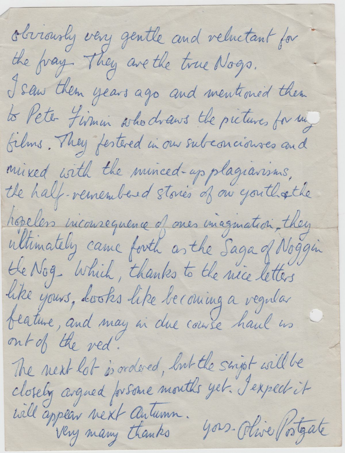 Letters between my father and Oliver Postgate 1961-62 concerning Noggin the Nog, Tolkien and accountants.