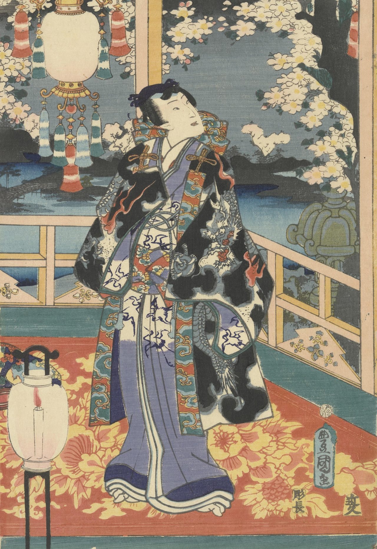 Genji Reflecting on the Flowers at Night, central sheet of a triptych Edo, first month 1861 Utagawa Kunisada (1786 - 1865)