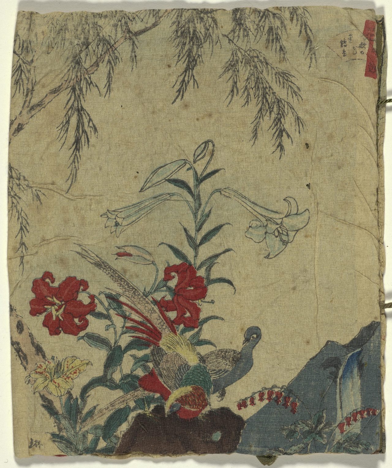 Book cover consisting of two prints showing on one side A Hawk Among Plum Blossoms and on the Other Pheasants with Lilies, from the series Selection of Flowers and Birds Tokyo, c. 1870 onbekend