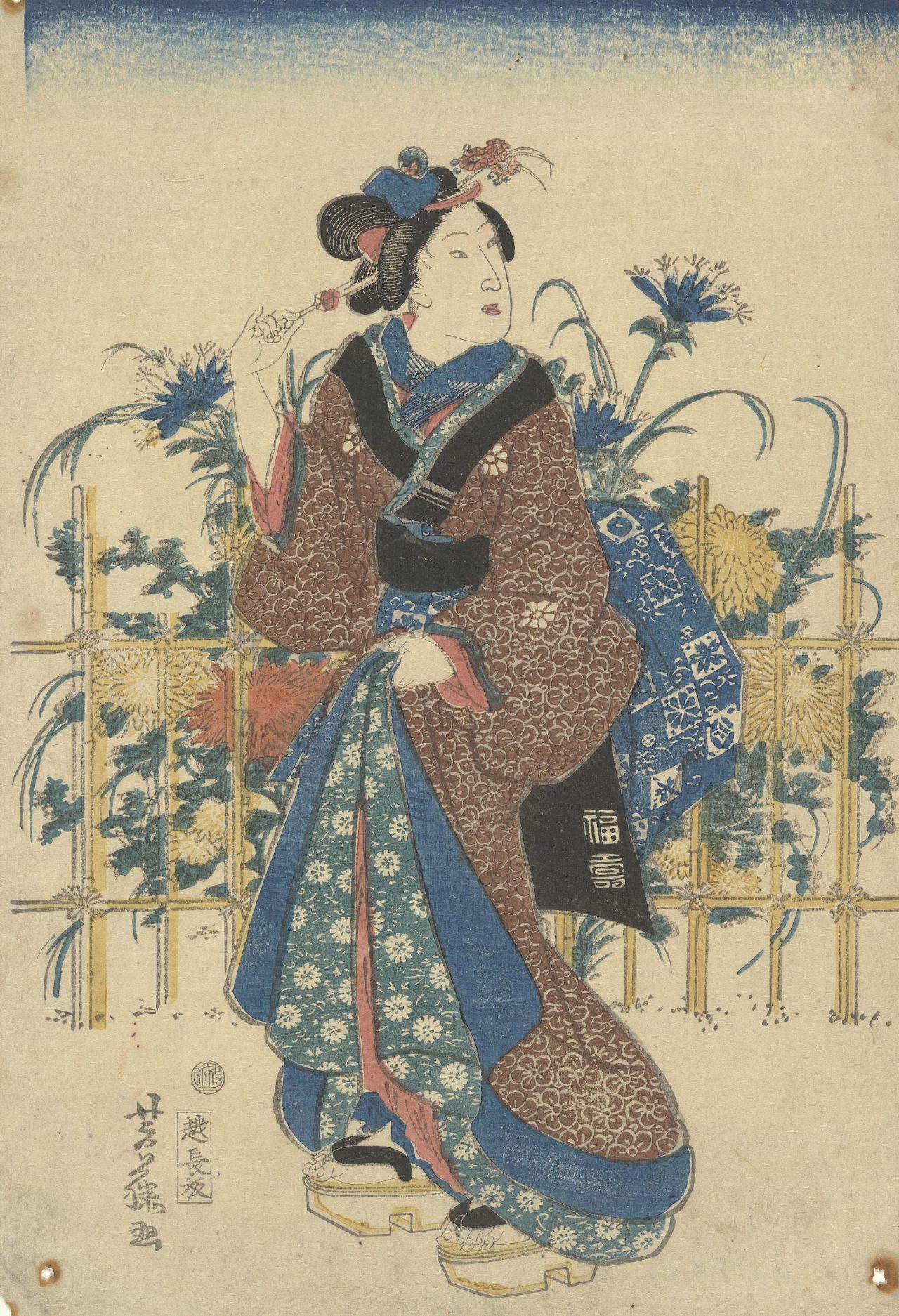 Woman Holding Hairpin in front of Blooming Chrysanthemums, one sheet of a triptych Edo, second month 1862 Utagawa Yoshifuji (1828 - 1904)