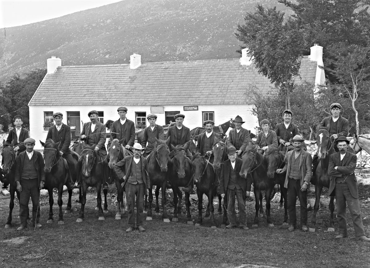 c. 1900 Men on horseback in front of Kate Kearney's Cottage in Kerry.