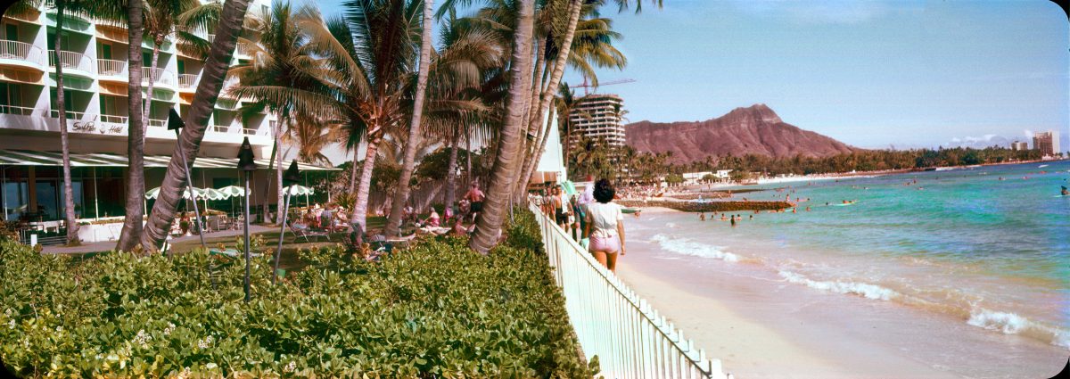 Surf Rider Hotel patio, Waikiki Beach, Honolulu, Hawaii — 1961 Slide stich into panorama. © Original 35mm Ektachrome. Extreme fading repair.