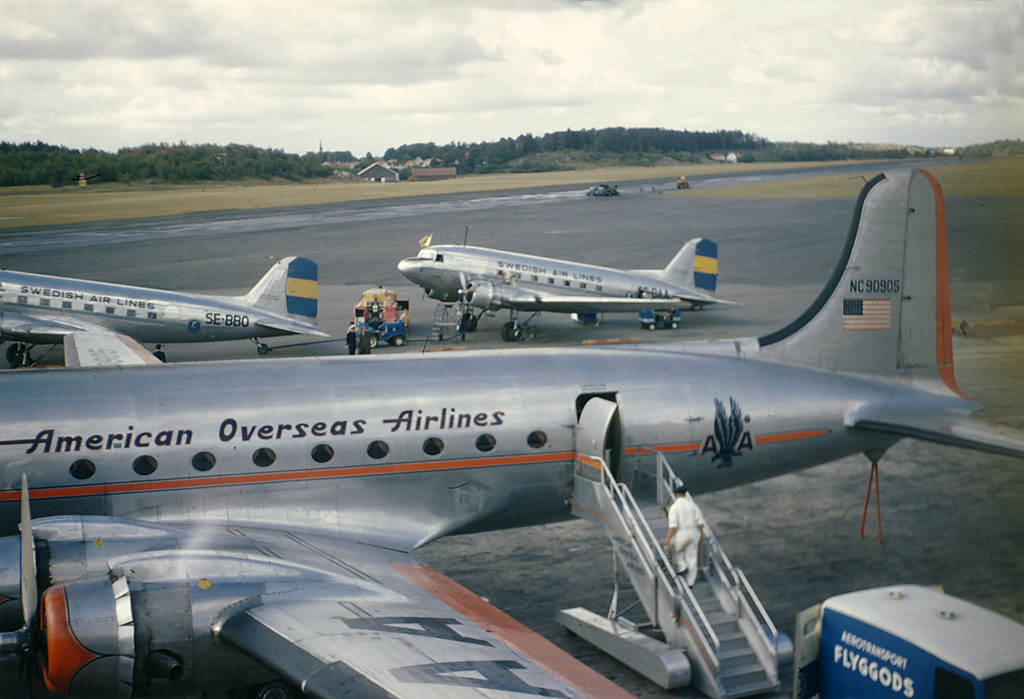 Aircraft at Bromma Airport near Stockholm City. The aeroplane in the foreground is a Douglas DC-4, the two in the background are Douglas DC-3's.