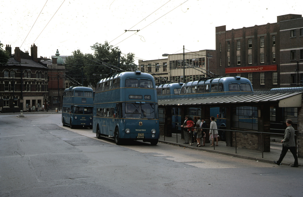 Trolley Bus Terminus near the station in Walsall, Midlands, U.K. Taken on Kodachrome on 18 July 1969. Trollye buses ceased 3 Oct 1970.