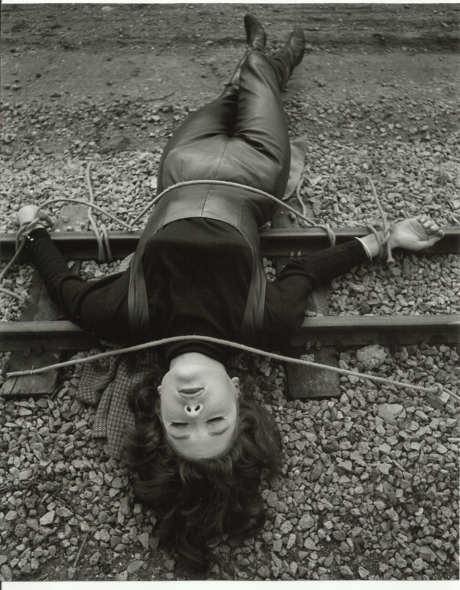 Diana Rigg As Emma Peel Is Tied To A Railway Track As A Miniature Train Advances On Her In A