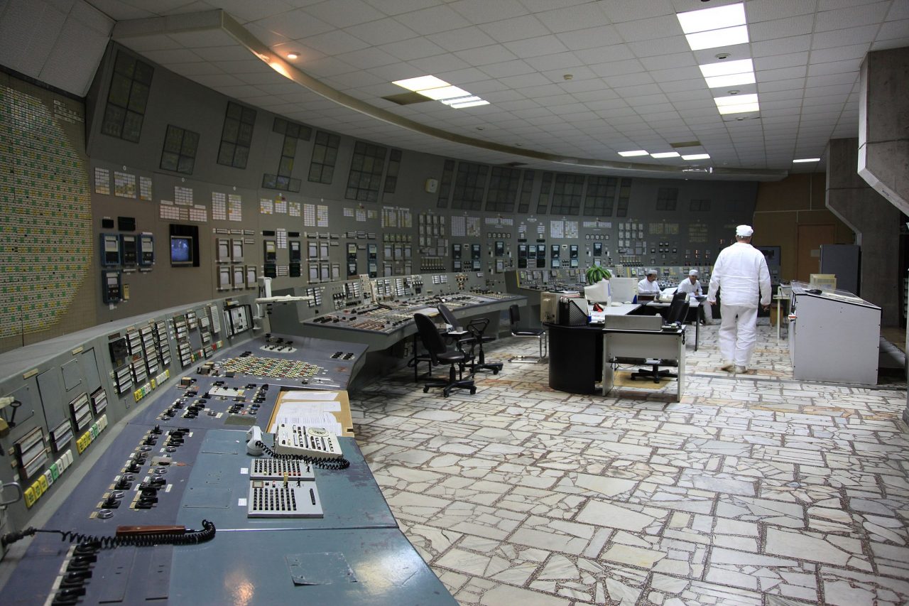 Interior view of the control room of Chernobyl Nuclear Power Plant unit 3. Over 3,000 people continue to work at Chernobyl to monitor nuclear fuel and carry out the decommissioning of the facility.
