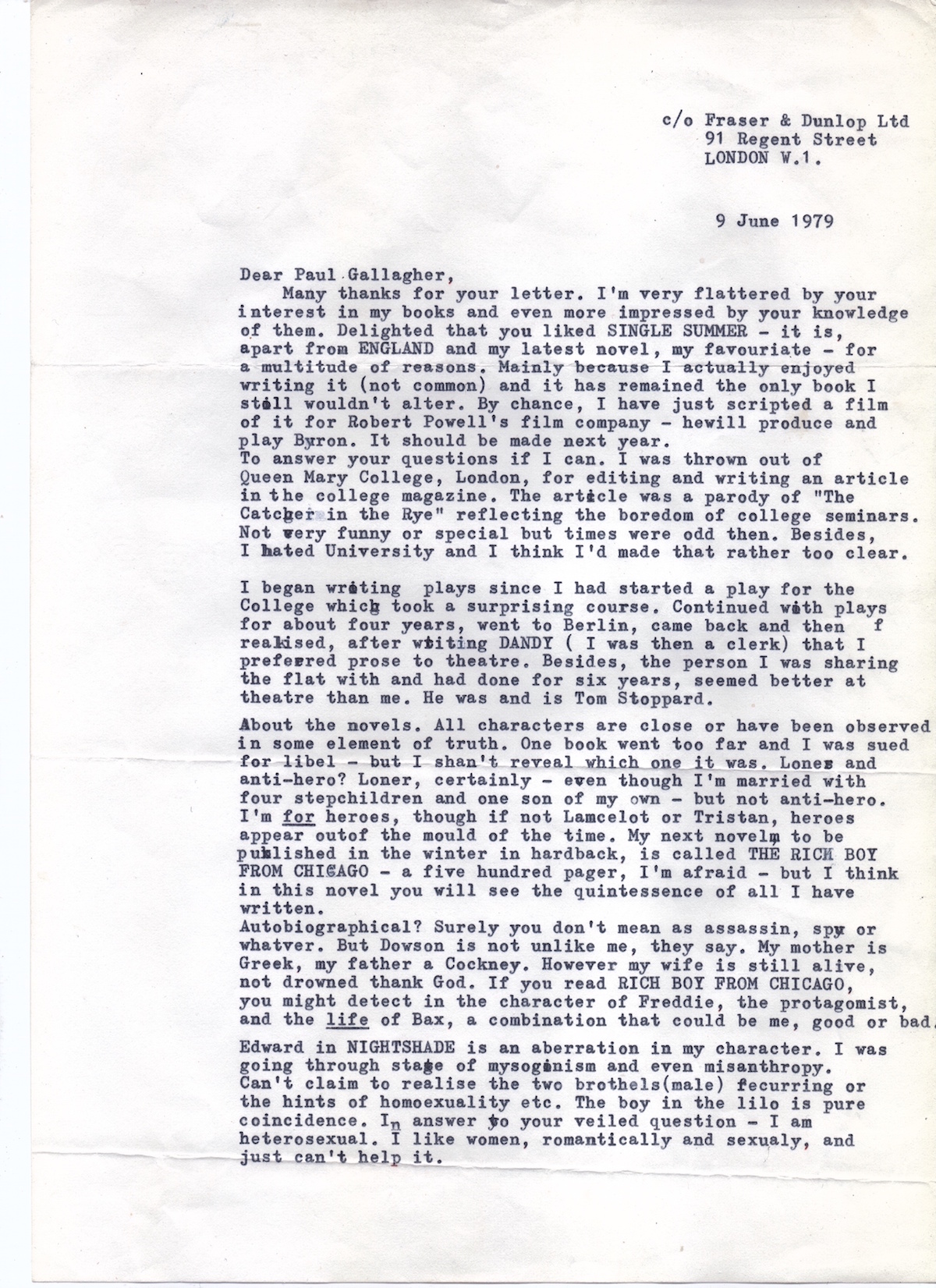 Derek Marlowe's reply to my fan mail, June 1979