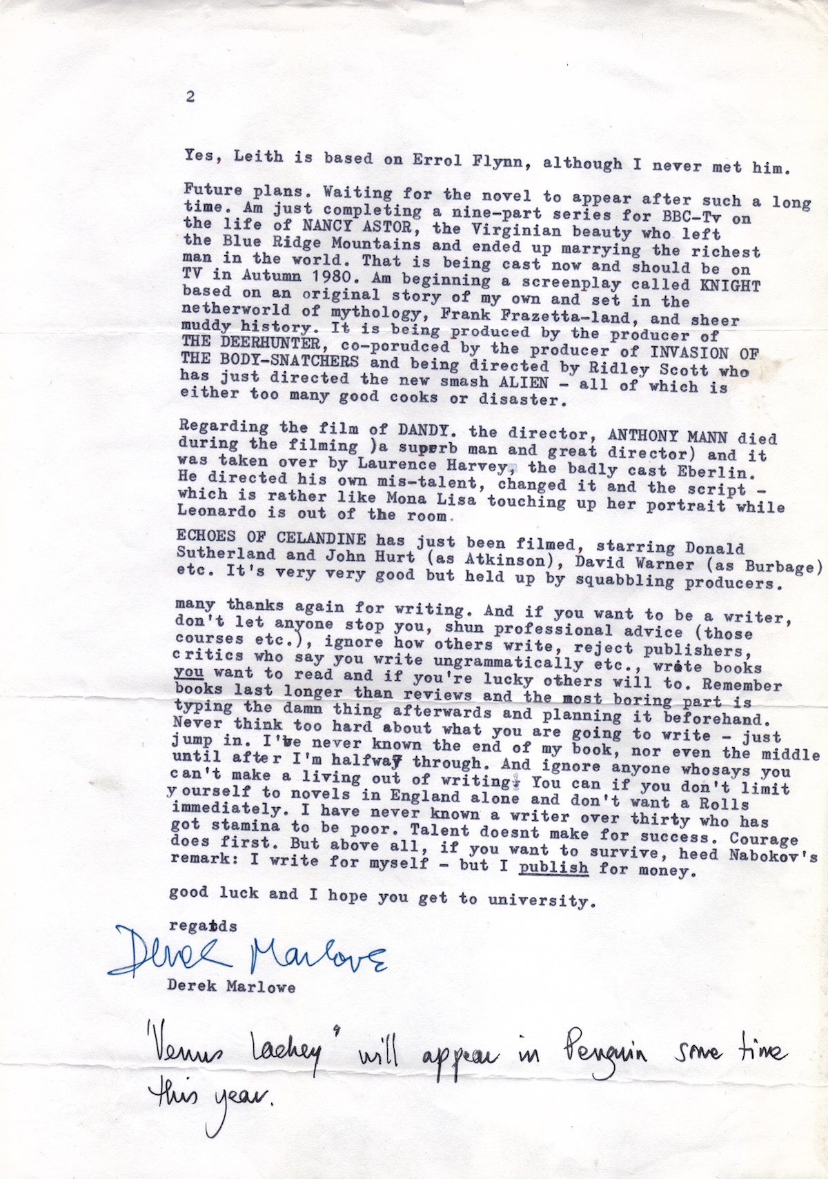 derek marlowe letter