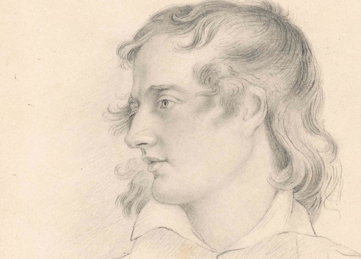 Detail from a pencil portrait of Lord Byron (undated, ca. 1820s), signed “M.B.,” a copy after G.H. Harlow. New York Public Library
