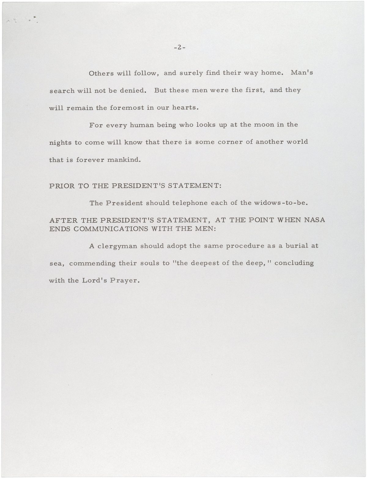 Statement for President Nixon to read in case the astronauts were stranded on the Moon, July 18, 1969.