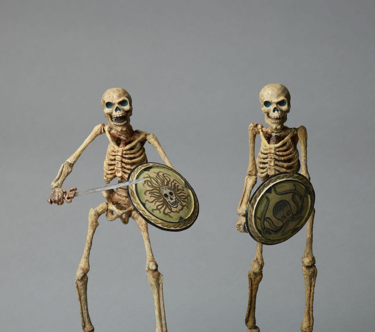 Original Skeleton model. armatured skeleton, with Medusa shield, from Jason and the Argonauts, c.1962 and Original Skeleton model; octopus shield by Ray Harryhausen (1920-2013), armature by Fred Harryhausen, c.1962 Collection: The Ray and Diana Harryhausen Foundation (Charity No. SC001419) © The Ray and Diana Harryhausen Foundation Photography: Sam Drake (National Galleries of Scotland)