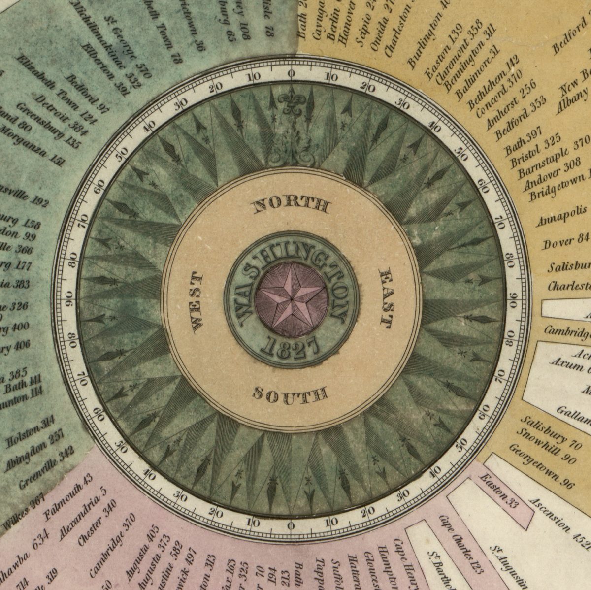 Compendious chart exhibiting, at one view, the names of about thirteen hundred of the principal ports and places in the world, with their bearings per compass, and their distances expressed in geographical miles, from the city of Washington