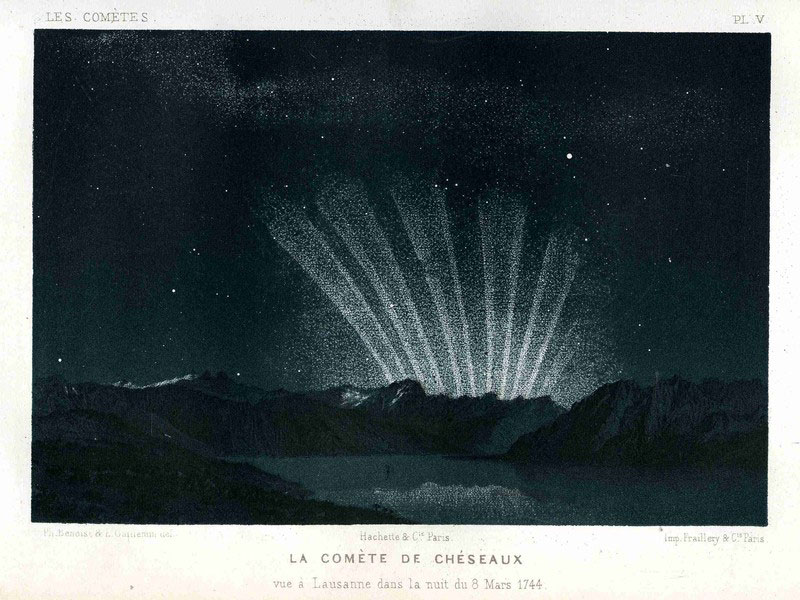 An illustration of the six-tailed Great Comet of 1744, observed before sunrise on March 9, 1744, from Les Comètes, by Amédée Guillemin