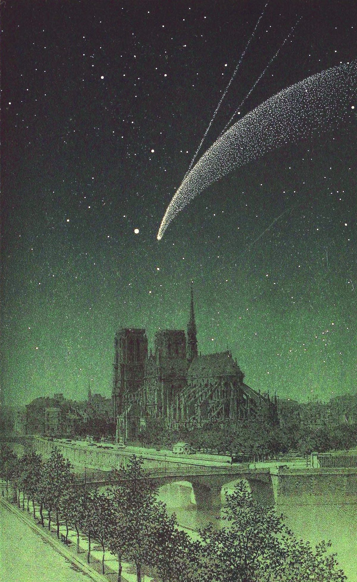Comet Donati above Notre-Dame. Drawing published in The sky of Amédée Guillemin, fifth edition (1877), Hachette.