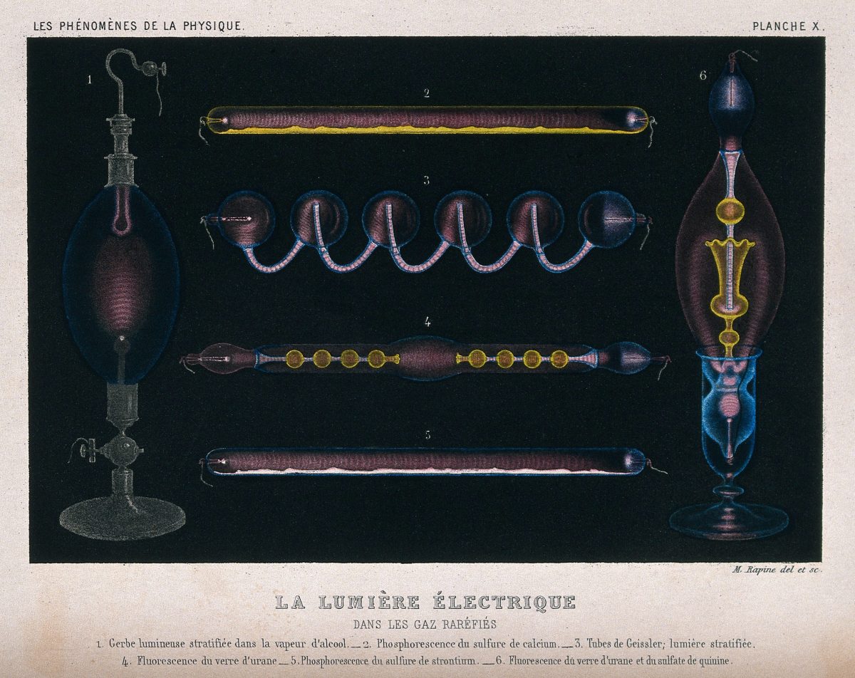 Electrical light in rarefied gas. Aquatint by M. Rapine, ca. 1880